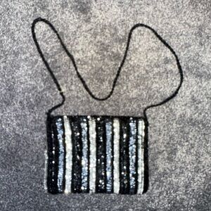La Regale Black and Silver Striped Sequins Mini Bag